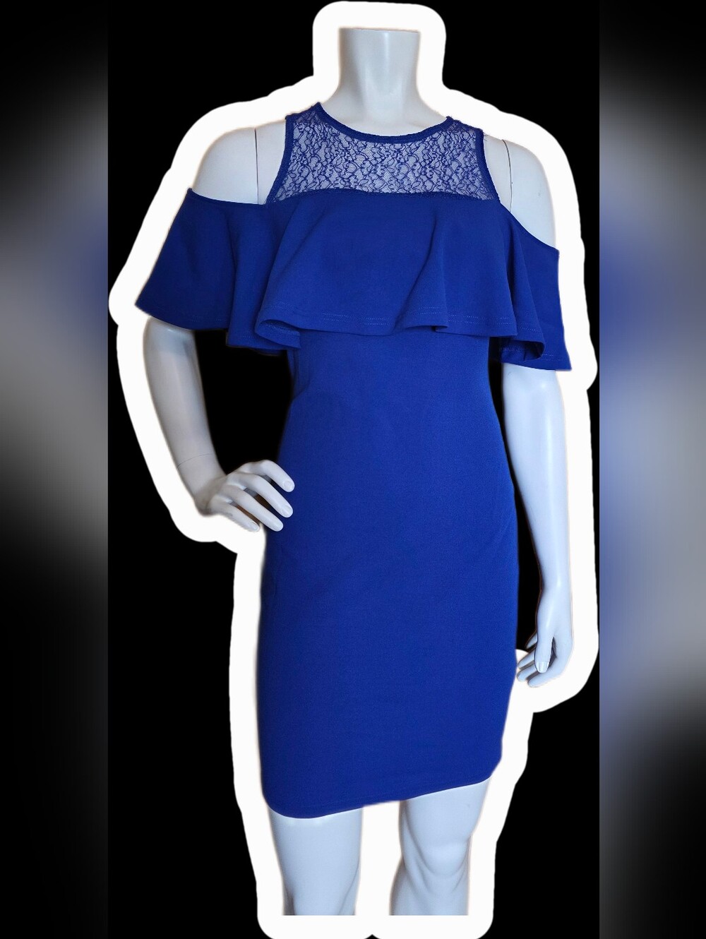 Lace-Yoke Cold-Shoulder Bodycon Dress in Cobalt Blue